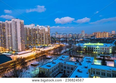 Evening Winter View Of The Environmentally Friendly Comfortable Residential District In Moscow. Busi