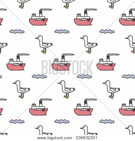 Cute Marine Seamless Pattern. Vector Sea Background With Ship, Seagull. Suitable For Wrapping Paper,