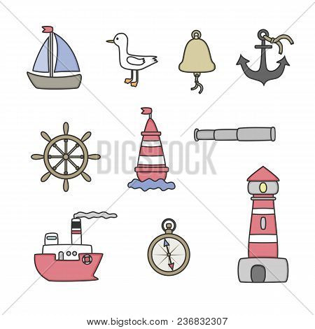 Big Set Of Cute Marine Elements For Cards And Stickers. Marine Theme Design. For Anniversary, Birthd