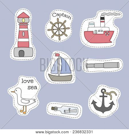 Set Of Nautical Cartoon Stickers. Vector Hand Drawn Objects And Symbols Collection. Label Design Ele