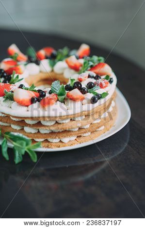 Fruit Cake With Strawberries Mint And Blueberry