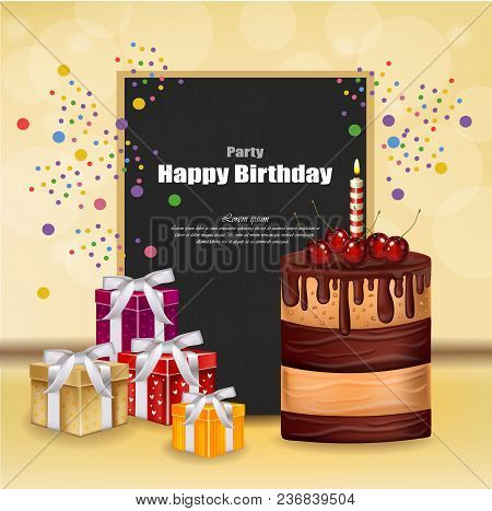 Party Invitation Card With Giftbox, Cake And Balloons Vector. Happy Birthday Text. Celebrate Events 