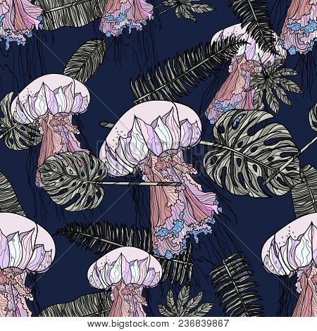 Seamless Pattern With Jellyfish And Tropical Leaves On Dark Background. Vector Illustration.