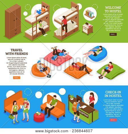 Hostel Horizontal Isometric Banners With Bunk Beds, Travel With Friends, Check-in In Guesthouse Isol