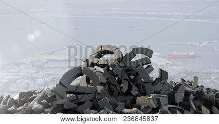 Broken concrete stone with money symbol in cityscape