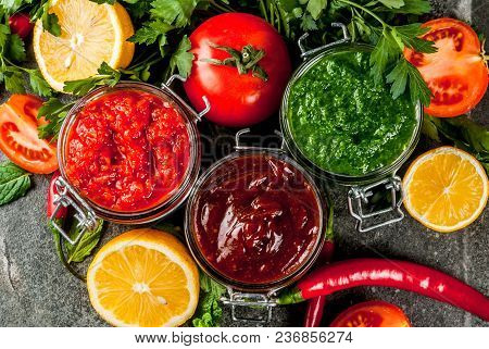 Indian Traditional Food, Set Of Three Chutney For Chaat And Sev Puri - Sweet Date-tamarind, Cilantro