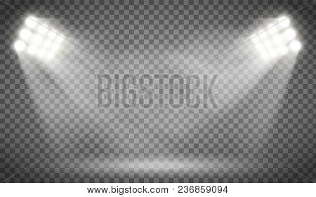 Searchlight Illuminates The Blank Backdrop. Template With Floodlight For Presentation On A Transpare