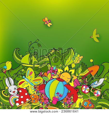 Doodles Abstract Decorative Summer Vector Background With Hand Drawn Frame. Greeting Card, Banner, P