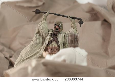 APR 17 2018: Recreation of a scene from Star Wars A New Hope; Luke Skywalker is attacked by a Tusken Raider on the desert planet of Tattooine - Hasbro Black Series 6 inch action figures