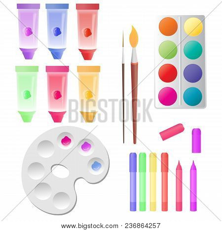Set For Children's Creativity: Tubes With Paints, Watercolor, Markers, Palette.