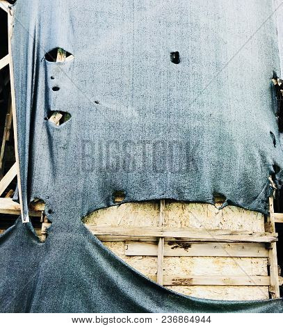 Grungy Vintage Old Decor With Wooden Constructure Under Torn Fabric Texture