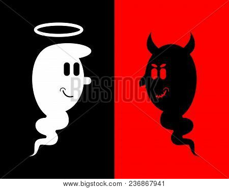 Heck And Angel. White And Black Ghost. Evil Spook With Horns And Nimbus.