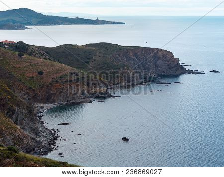 Mediterranean Sea Summer Evening Coastline Landscape. View From Cap Canadell, France.