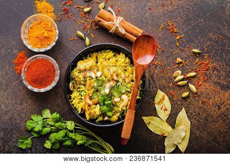Biryani Rice, Traditional Indian Dish. Biryani Spicy Rice, Chicken, Nuts. Indian Rice Bowl, Spices,