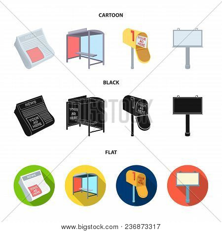 Newspapers, A Bus Stop, A Mail Box, A Billboard.advertising, Set Collection Icons In Cartoon, Black,