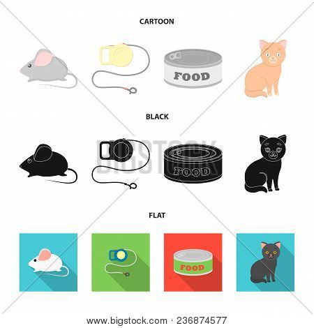 Mouse, Pet Leash, Pet Food, Kitten. Cat Set Collection Icons In Cartoon, Black, Flat Style Vector Sy