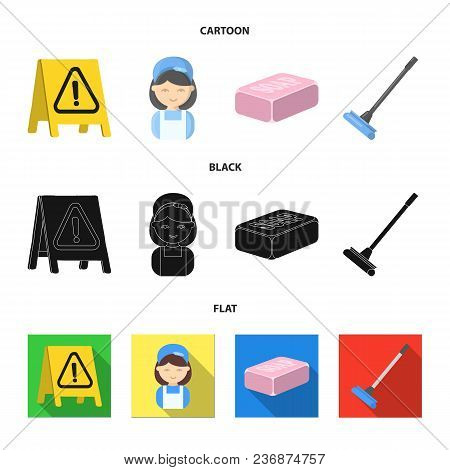 Cleaning And Maid Cartoon, Black, Flat Icons In Set Collection For Design. Equipment For Cleaning Ve