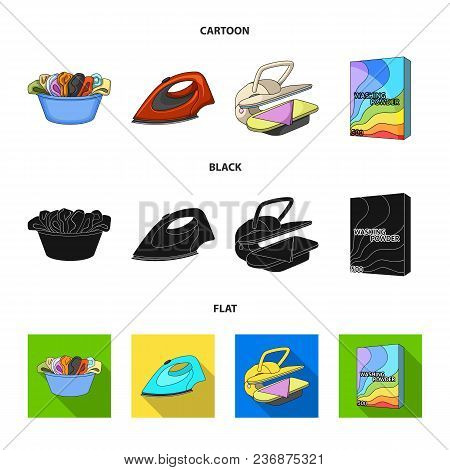 A Bowl With Laundry, Iron, Ironing Press, Washing Powder. Dry Cleaning Set Collection Icons In Carto