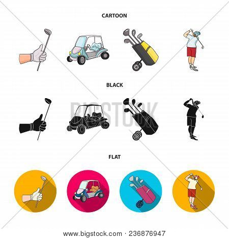 A Gloved Hand With A Stick, A Golf Cart, A Trolley Bag With Sticks In A Bag, A Man Hammering With A 