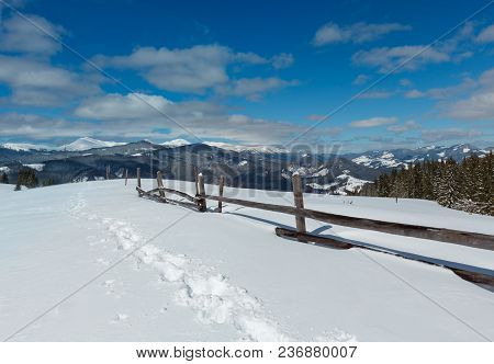 Picturesque Winter Mountain View From Alpine Path With Footprint. Skupova Mountain Slope, Ukraine, V