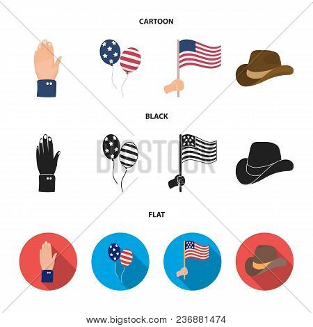 Balloons, National Flag, Cowboy Hat, Palm Hand.patriot Day Set Collection Icons In Cartoon, Black, F