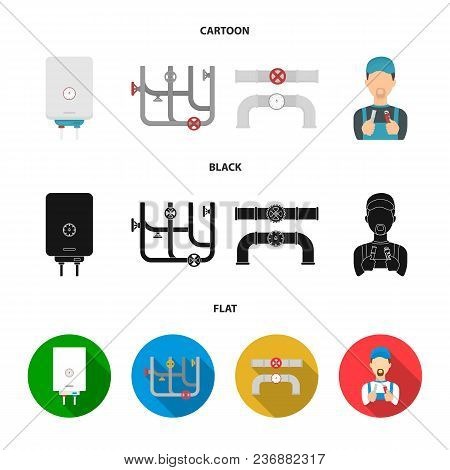 Boiler, Plumber, Ventils And Pipes.plumbing Set Collection Icons In Cartoon, Black, Flat Style Vecto
