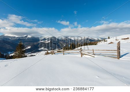 Winter Morning Picturesque Mountain Rural Snow Covered Landscape (ukraine, Carpathian Mountains, Tra