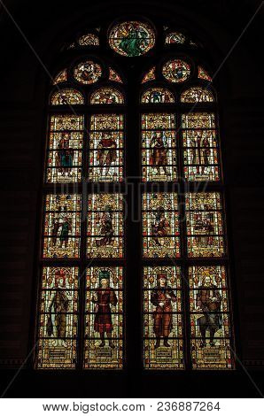 Amsterdam, Northern Netherlands - June 24, 2017. Colorful Stained Glass Window At The Rijksmuseum (n