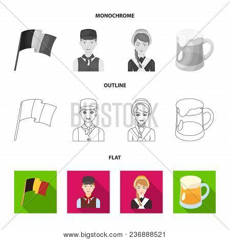 Chocolate, Cathedral And Other Symbols Of The Country.belgium Set Collection Icons In Flat, Outline,