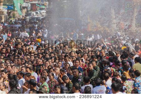 Nongkhai,thailand-april 18 : Splashing Water Luangpho Phra Sai One Of The Biggest Songkran Event,is 