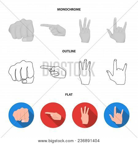 Open Fist, Victory, Miser. Hand Gesture Set Collection Icons In Flat, Outline, Monochrome Style Vect