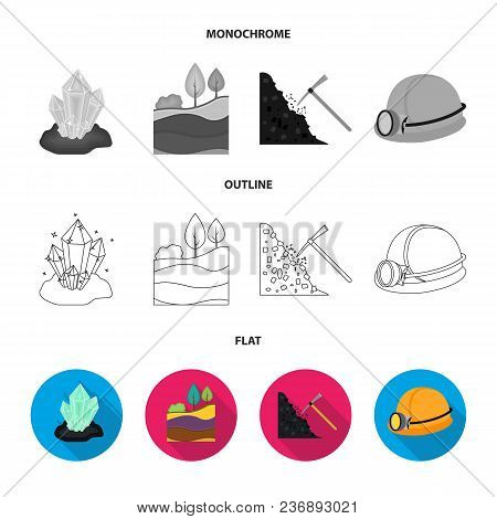 A Shovel, A Miner, An Entrance To A Mine, A Trolley With Coal.mine Set Collection Icons In Flat, Out