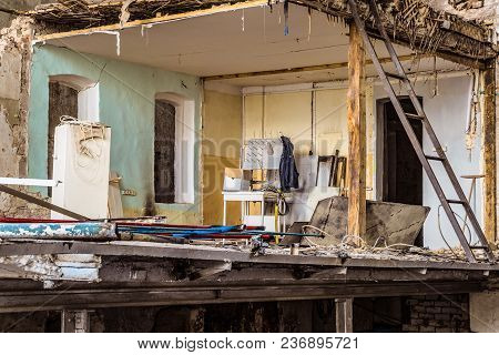 Collapsed Fragment Of The Building. Dismantling Of Structures.