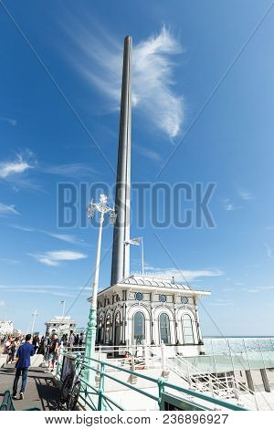 Brighton, United Kingdom - August 1, 2017: Spire And Flag And Ticket Office Building Of British Airw