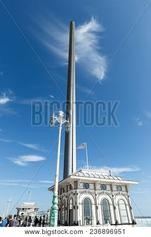 Brighton, United Kingdom - August 1, 2017: Spire And Flag And Ticket Office Building Of British Airw