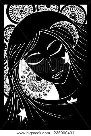 Girl Or A Woman With A Sunny Ear, A Crest Of A Month And Stars. Sentagle. Vector. Sketch