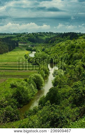 Dnister River Landscape In Ternopil Region Of Western Ukraine. Idillyc View From Above
