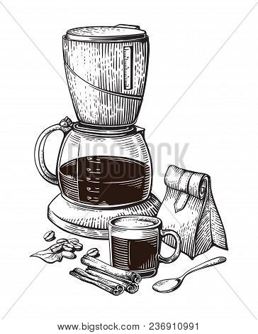 Coffee Hand Drawn Collection Vector Sketch Illustration Set With Cups Bag Beans Maker Latte Cinnamon