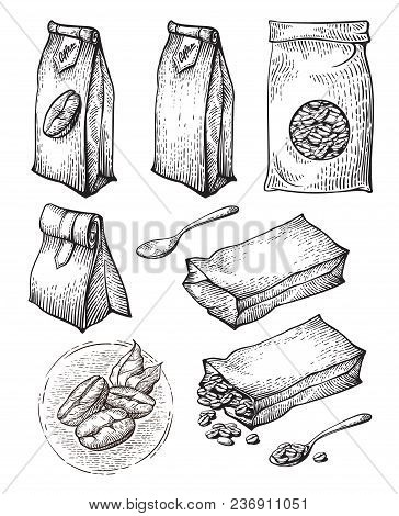 Vector Set Coffee Packaging Package Bag Isolated On White Background
