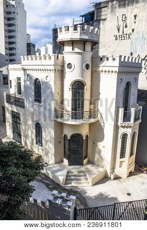 Sao Paulo, Brazil, January 25, 2018. Facade Of Old Building Known As Little Castle Of Apa Street, In
