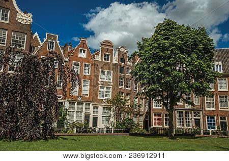 Amsterdam, Northern Netherlands - June 26, 2017. Semidetached Typical Houses And Green Garden At Beg