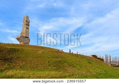 Gdansk Westerplatte, Poland - April 15, 2018: People Standing Near Monument In Memory Of The Polish 