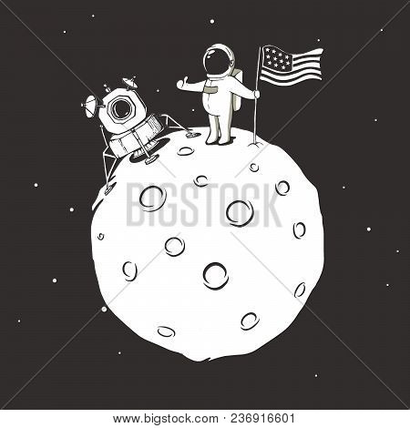 Atronaut With Lunar Module And Us Flag On Moon.space Characters.vector Illustration