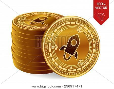 Stellar. Crypto Currency. 3d Isometric Physical Coins. Digital Currency. Stack Of Golden Coins With 
