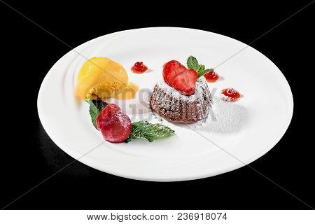 Close Up Of Hot Chocolate Coulant Dessert Cake On Dark Background. Close Up, Restaurant, Cafe, Pub-m