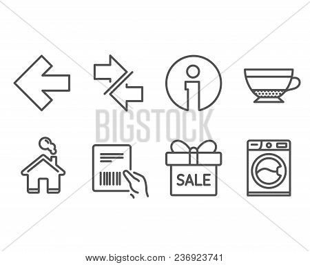 Set Of Synchronize, Dry Cappuccino And Left Arrow Icons. Parcel Invoice, Sale Offer And Washing Mach