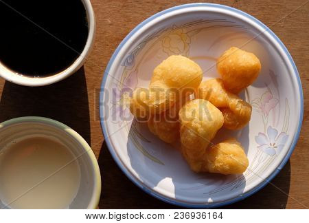 Patongko Or Deep Fried Dough Stick And Coffee Asian Breakfast Set,thai Food Usually Eat In The Morni