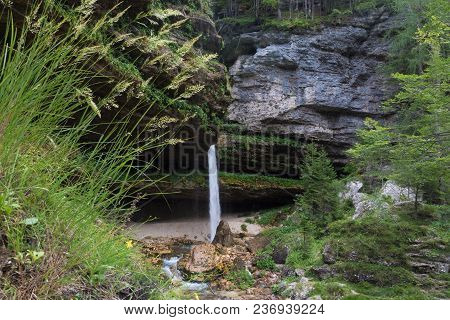 Upper Pericnik Waterfall In Slovenian Alps In Autumn, Triglav National Park.
