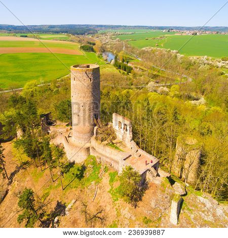Aerial view of Zebrak Castle. A ruin of a Gothic castle originated in the 13th century. Since 1336 a royal castle, enlarged by Kings Charles IV. Czech famous monument from above.