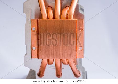 Aluminum Radiator With Copper Heat Pipe Close-up With Beautiful Bokeh Concept Of Air Cooling Of The 